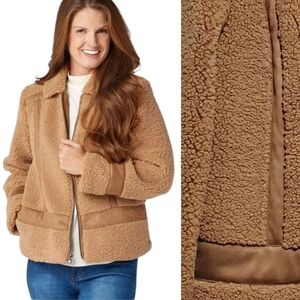 New Isaac Mizrahi Live Cozy Faux Shearling Suede Zipper Jacket Camel QVC XS S